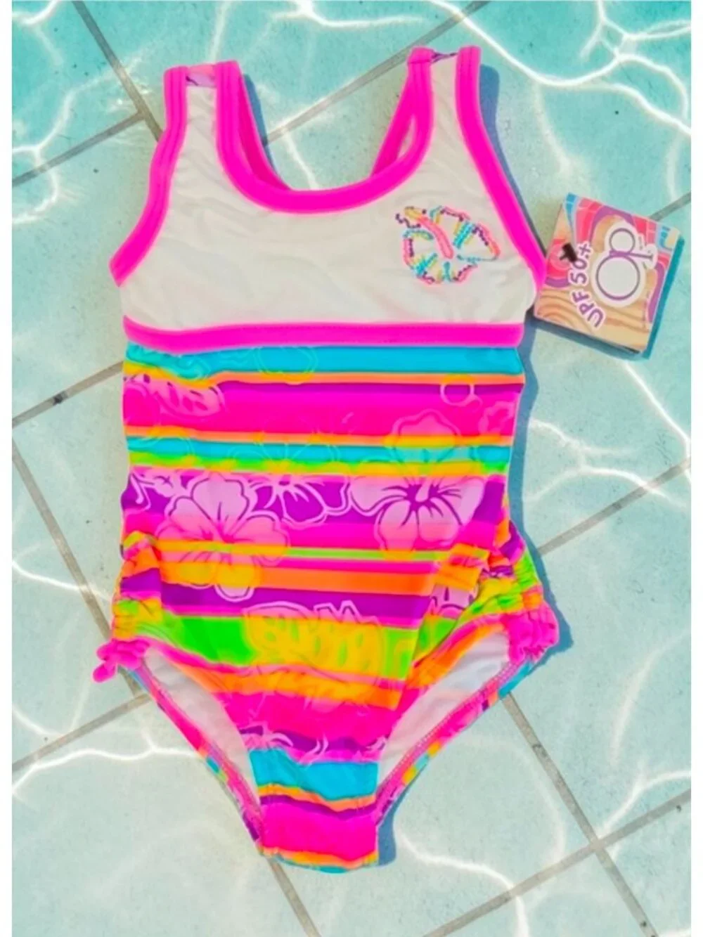 Girls Floral Striped Swimsuit With UPF 50+ Protection Size 12M Multicolor Stripe